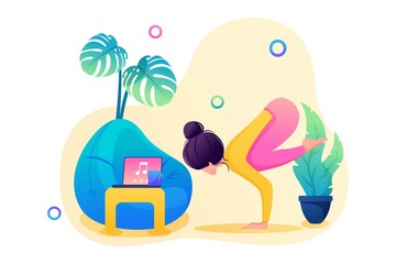 Girl enjoys yoga classes with music. In a pleasant, inviting atmosphere. Flat 2D Web design