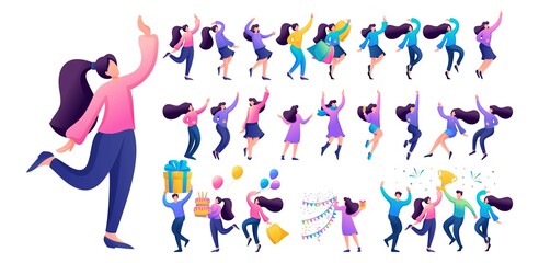 Wall Mural - Set of a fun teen girl. Presentation in various in various poses and actions. 2D Flat character vector illustration N1