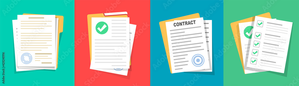 Contract or document signing icon. Document Symbol Set. Contract conditions, research approval. Document vector icons isolated design. Flat style icons set.Vecor - obrazy, fototapety, plakaty 