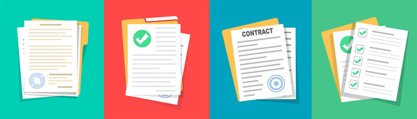 contract or document signing icon. document symbol set. contract conditions, research approval. docu