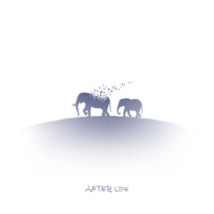 Poster - Elephant family, flying birds. Endangered animal. Isolated ink element