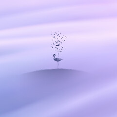 Poster - Flamingo and flying birds. Endangered animal. Death and afterlife