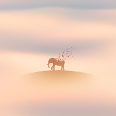 Poster - Elephant and flying birds. Endangered animal. Death and afterlife