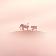 Poster - Elephant family, flying birds. Endangered animal. Death and afterlife