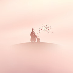Poster - bear family, flying birds. endangered animal. death and afterlife