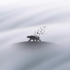 Poster - polar bear and flying birds. endangered animal. death and afterlife