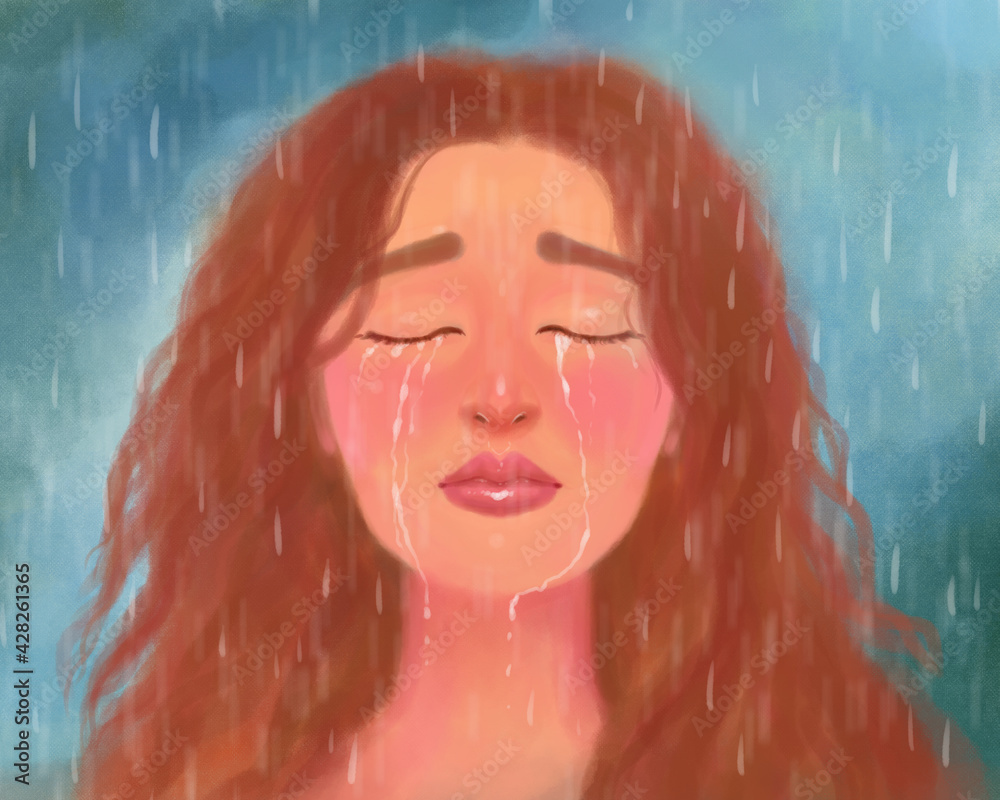 art portrait of a girl crying and suffering, with her eyes closed in the  rain. Emotional stress, pain, loss, betrayal and depression. Crying female  face Stock Illustration | Adobe Stock, image size:1000x800