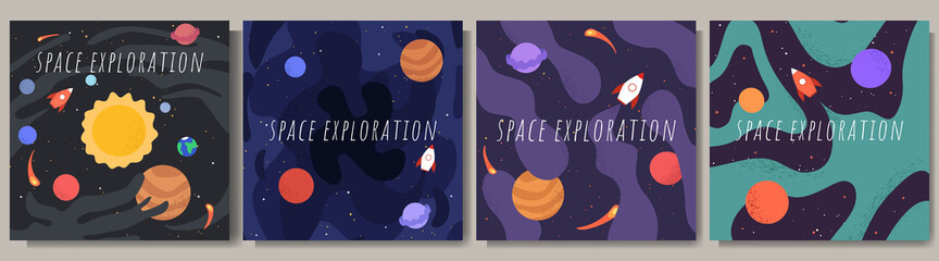 Wall Mural - vector illustration in abstract flat style. minimalistic color space. space exploration concept. set
