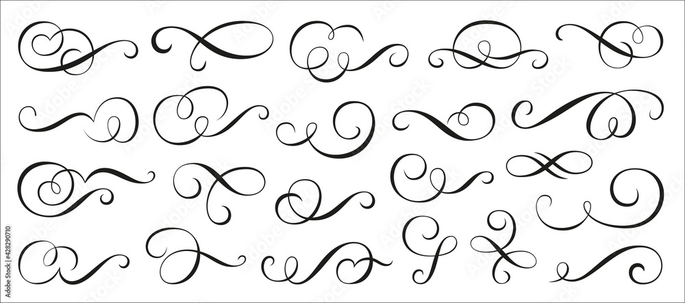 Calligraphic swirl ornament, line style flourishes set. Filigree ornamental curls. Decorative design elements for menu, vignette, certificate, diploma, wedding card, invatation, outline text divider - obrazy, fototapety, plakaty 