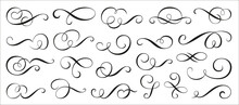 Calligraphic Swirl Ornament, Line Style Flourishes Set. Filigree Ornamental Curls. Decorative Design Elements For Menu, Vignette, Certificate, Diploma, Wedding Card, Invatation, Outline Text Divider