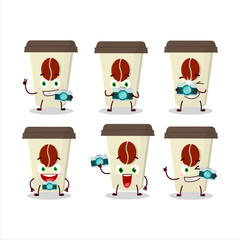 Wall Mural - Photographer profession emoticon with coffee milk cup cartoon character