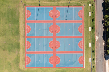 Drone aerial photograph of colourful netball courts