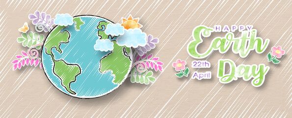 Fototapete - Card and poster campaign's of Earth day in watercolor with crayon and paper cut out style with banner vector design.