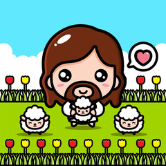 Wall Mural - cute cartoon jesus vector design is in the park with the sheep holding the sheep