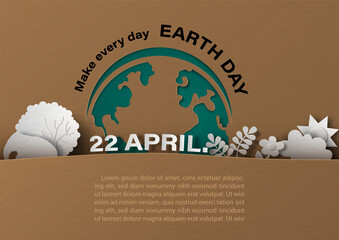 Fototapete - Environment of nature on green global with the Earth day slogan in poster's campaign of Earth day by paper cut style and vector design on brown (recycle paper pattern) background.