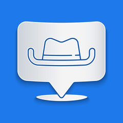 Poster - Paper cut Location cowboy icon isolated on blue background. Paper art style. Vector