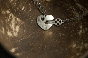 Canvas Print - Pendant of best friends heart and key necklace silver color closeup. Selective Focus. High quality photo