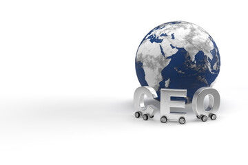Wall Mural - word ceo on wheels as a car around the world map. silver letters chief executive officer on globe on