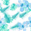 © Surendra - Navy Seamless Background. Gray Pattern Botanical. Cobalt Tropical Botanical. White Wallpaper Hibiscus. Blue Drawing Illustration. Indigo Decoration Vintage. Monstera Leaves.
