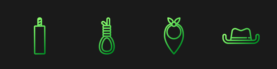 Poster - Set line Cowboy bandana, Dynamite bomb, Gallows rope loop hanging and Western cowboy hat. Gradient color icons. Vector