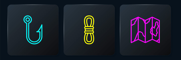 Poster - Set line Fishing hook, Location of the forest on map and Climber rope. Black square button. Vector