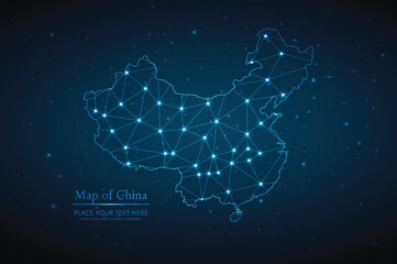 abstract map of china geometric mesh polygonal network line, structure and point scales on dark back