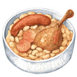 Cassoulet with goose meat, pork sausage, and beans in the pot. Hand drawn watercoor illustration isolated on white background. Vector