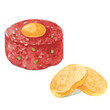 Beef tartare with capers, toasts, yolk and fresh onions on white background. Hand drawn watercolor illustration/ Vector
