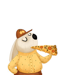 Wall Mural - Illustration with beautiful rabbit, in a yellow shirt with a Christmas tree print, in dark red pants, and a beautiful red cap, is eating a tasty cheese pizza.