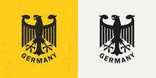 Set Of Color Illustrations Of An Eagle, Text On A Background With A Grunge Texture. Vector Illustration In Vintage Style For Poster, Print, Emblem, Badge. Heraldry Of Germany.