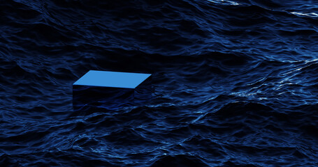 3d mock up abstract podium in the stormy dark blue sea among the waves. stylish mystical mirror cube