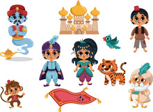 A Set Of Cartoon Aladdin. Cute Aladdin Clip Art, Cute Prince Sticker, Jasmine Clip Art, Aladdin Party, Vector Illustration.

