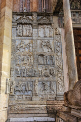 Architectural fragments of Basilica di San Zeno Maggiore facade in Verona. Basilica di San Zeno Maggiore - most important medieval church in Verona, founded in V century. Verona, Italy.