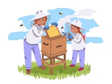 Girl Watching Mother Taking Out Honeycomb In Beekeeper Farm. Childhood Outdoor Vector Illustration. Little Curious Girl Looking At Bees And Honey Production. Fun Hobby And Leisure Activity