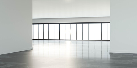 Poster - big empty loft office windows, empty work space with building view and bright sun lighting 3d render illustration
