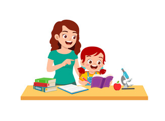 Wall Mural - cute little girl study with mother at home together