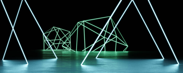 Poster - Abstract futuristic green neon light wallpaper background 3d render illustration