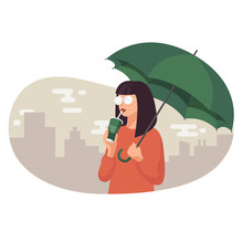Young Woman With Coffee And Umbrella Vector Illustration