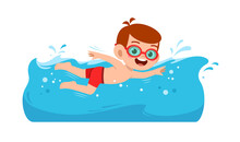 Cute Little Kid Boy Swim Under Water On Summer Holiday