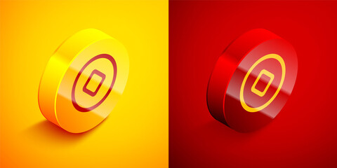 Sticker - Isometric Chinese Yuan currency symbol icon isolated on orange and red background. Coin money. Banking currency sign. Cash symbol. Circle button. Vector