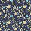 Seamless pattern with autumn blue and olive pumpkins, inky berries of different sizes, twigs and leaves. Great for fabric, scrapbook and scrapbooking paper, postcards and decor