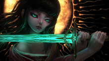 A Charming Girl With A Doll Face, Green Eyes, Long Black Hair And A Beautiful Emerald Sword In Her Hands, Behind A Huge Golden Sun. 2d Illustration.