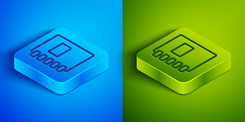 Poster - Isometric line Notebook icon isolated on blue and green background. Spiral notepad icon. School notebook. Writing pad. Diary for school. Square button. Vector