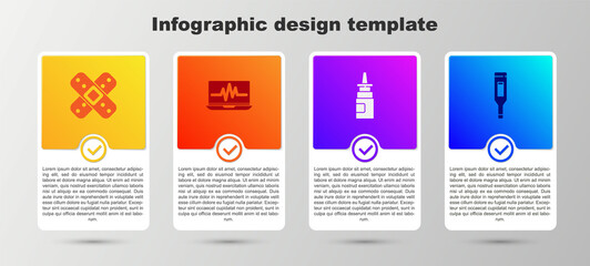 Sticker - Set Crossed bandage plaster, Laptop with cardiogram, Bottle nasal spray and Medical digital thermometer. Business infographic template. Vector