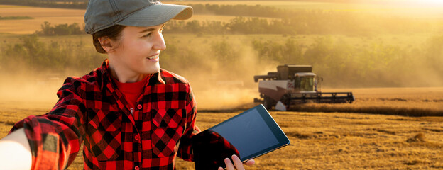 Wall Mural - Wheat harvesting. Farmer with a tablet in an agricultural field.