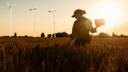 Wall Mural - Farmer in a wheat field. Wind turbines in the field. Clean energy.