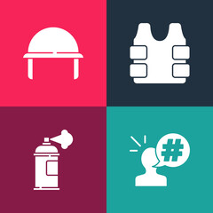 Sticker - Set pop art Protest, Paint spray can, Bulletproof vest and Military helmet icon. Vector