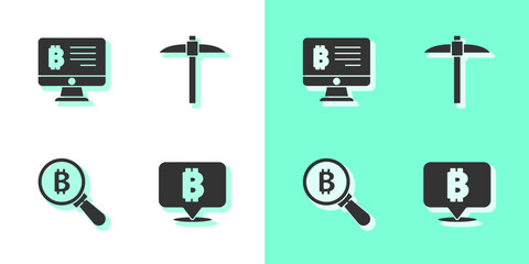 Set Bitcoin, Mining bitcoin from monitor, Magnifying glass with and Pickaxe icon. Vector