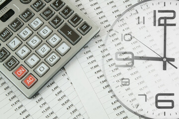 Calculator on financial reports, collage with clock.