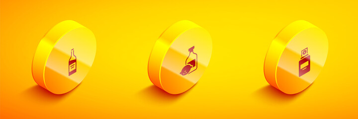 Sticker - Set Isometric Bottle of wine, Limoncello bottle and Perfume icon. Vector